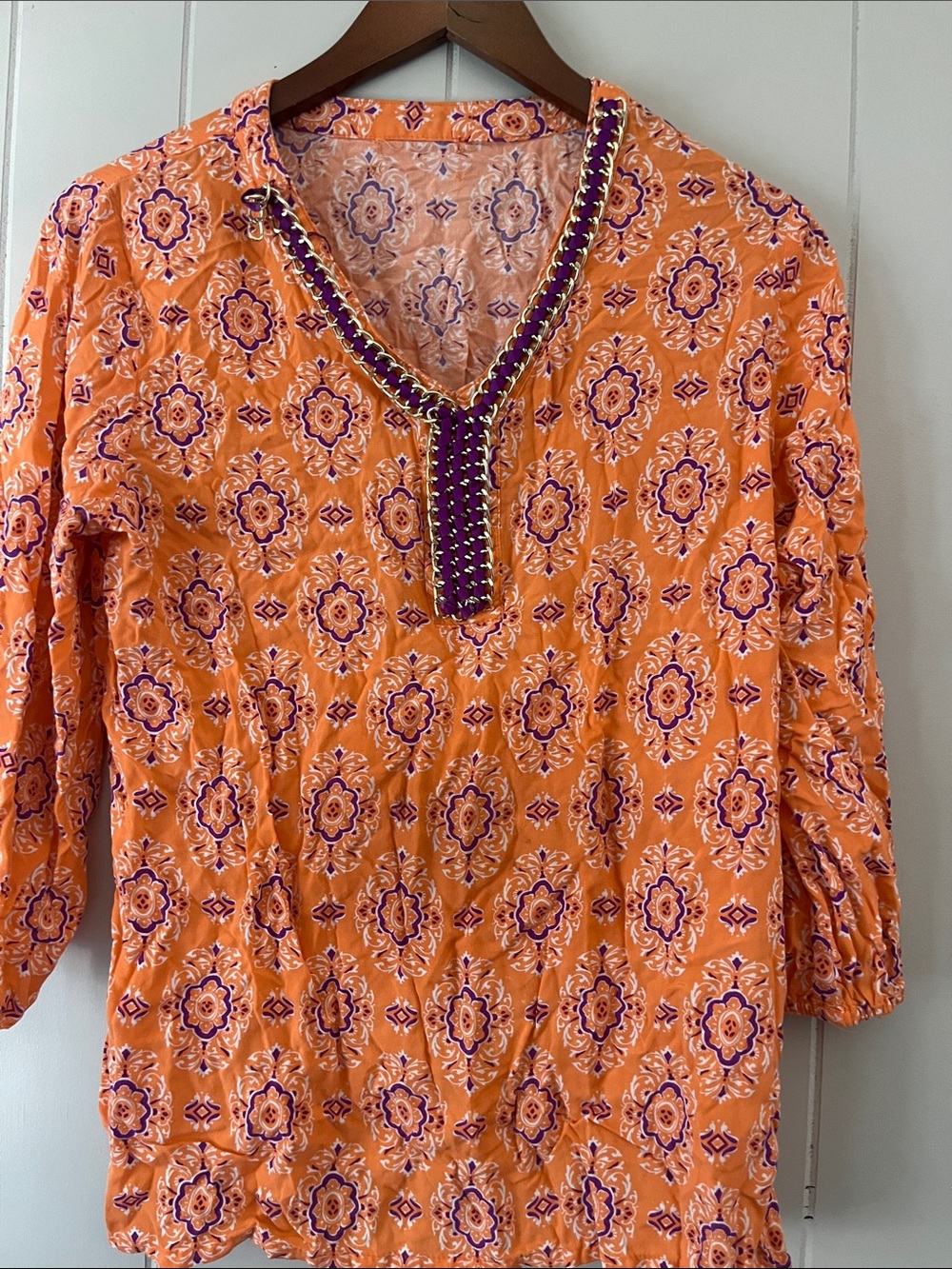 Women's Orange Floral V-Neck Tunic Top with Purple Trim
